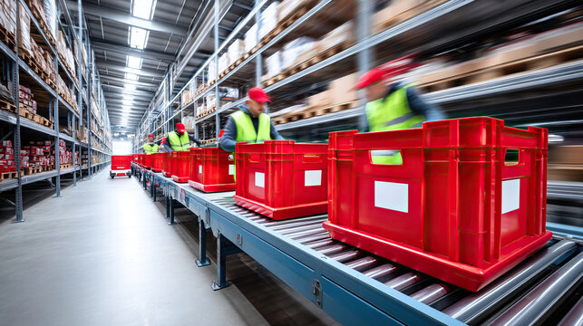 Efficient warehouse automation system with robotic pickers and workers handling red crates. scene showcases productivity
