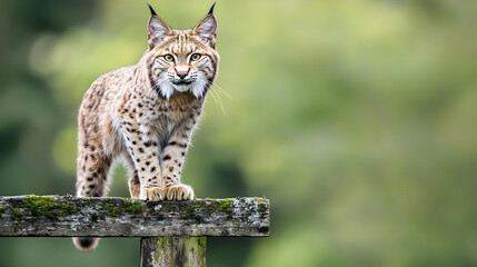 Naklejka premium Alert Lynx with Spotty Fur Standing on a Wooden Fence in Green Forest Background