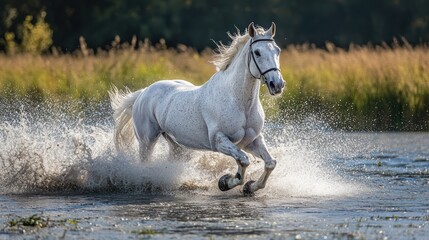 Dapple grey horse gallops powerfully through shallow water, creating vibrant splashes, expressing its inherent freedom, energy.