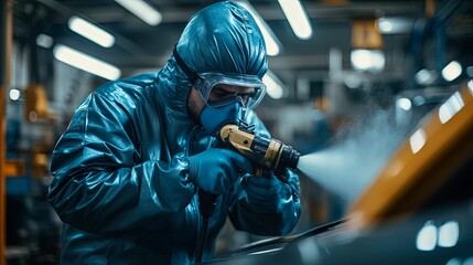Dedicated worker in protective gear meticulously sprays a vehicle.