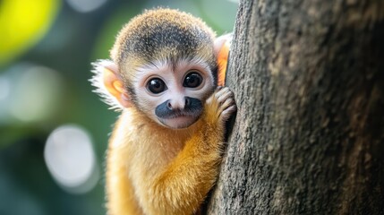 Obraz premium Squirrel monkey clinging tightly to tree, staring directly at viewer, curiosity evident, outdoors.