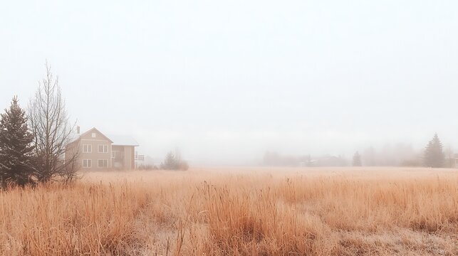 Foggy Field with Leafless Trees and Distant House - Powered by Adobe