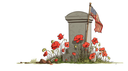 Grave marker adorned with flowers and a flag honoring fallen heroes during a peaceful spring morning