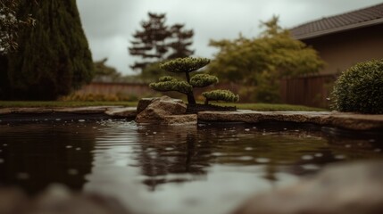 Obraz premium A small bonsai tree sits atop rocks in a serene pond