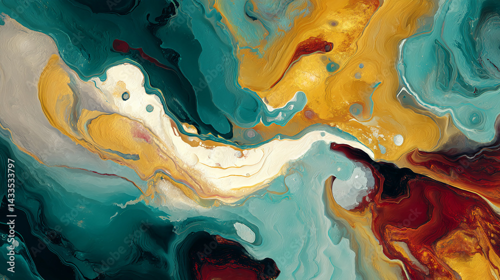 Poster abstract art swirls of teal, gold, and maroon paint create a dynamic visual texture, representing fl
