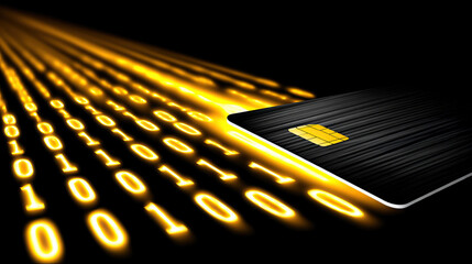 Digital payment technology represented with credit card and binary code, symbolizing secure transactions and e commerce