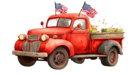 Red vintage pickup truck adorned with American flags and colorful flowers on a sunny day