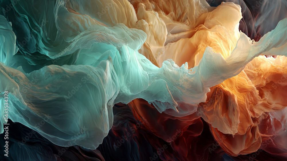 Poster Abstract image of flowing teal and orange fabric textures creating a dynamic, swirling visual effect, symbolizing movement, fluidity, and abstract art