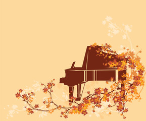 grand piano instrument among fall season tree branches with bright leaves -  autumn musical billboard background copy space vector design