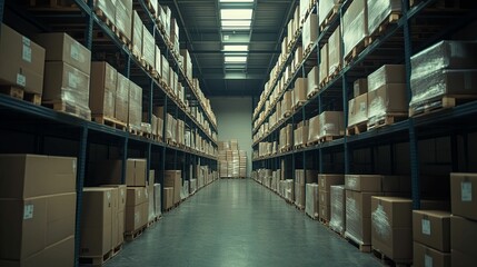 Industrial warehouse interior, filled with stacked boxes.