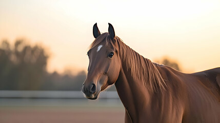 Fototapeta premium Brown Horse Portrait Against Golden Sunset Sky in Rural Field