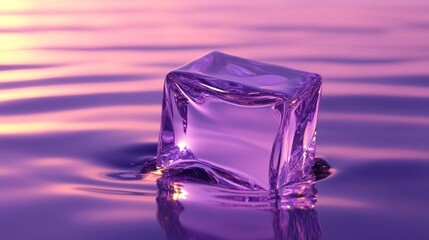 A single purple colored ice cube rests on a fluid surface