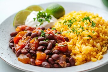 Fototapeta premium Dry bean and rice dish on plate, white background. AI generated illustration.