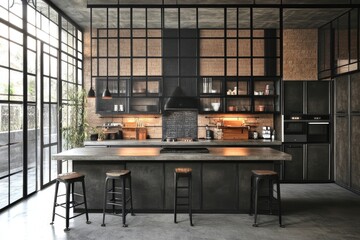 Industrial-style kitchen with large windows, dark gray concrete countertops, and black metal cabinets,  open layout  Metal framed partitions define areas
