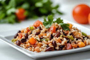 Dry bean and rice dish on plate, white background. AI generated illustration.