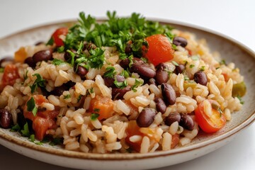 Dry bean and rice dish on plate, white background. AI generated illustration.