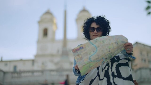 Llatin business sightseeing woman look at city map sitting on empty Spanish steps in Rome dressed in casual attire with background view of church Trinita dei Monti at dawn sunrise