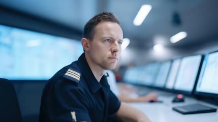 Obraz premium Control room operation with maritime officers monitoring navigation systems.