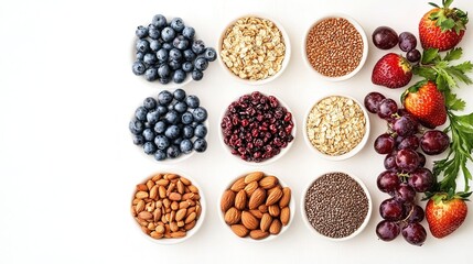 A group of healthy foods including strawberries, blueberries, grapes, oats, flaxseeds, walnuts, and almonds, garnished with parsley, placed on a white background