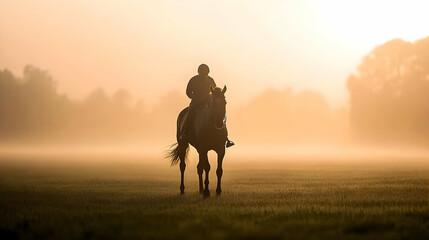 Silhouette Of Jockey And Horse At Sunrise