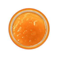 Marmalade orange jam in jar isolated on white background, top view.