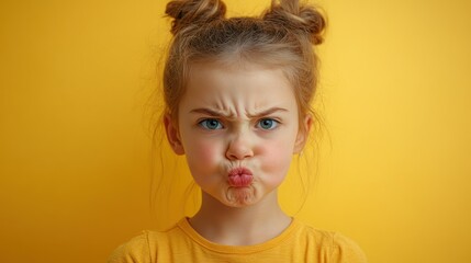 Caucasian girl pouting shows attitude, facial expression captures childhood, joy, expressive face against yellow background.