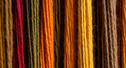 Close-Up of Colorful Yarn Threads and Vibrant Textile Fibers in Warm Tones