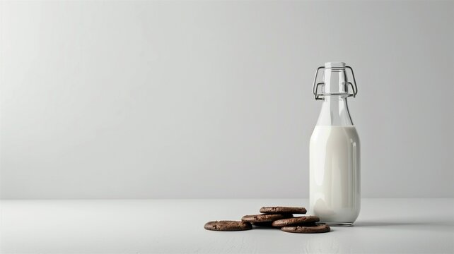 Photorealistic image of a glass milk bottle and cookies on white background