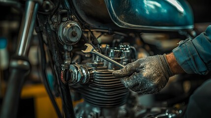 Close-up view of a mechanic repairing a motorcycle engine.