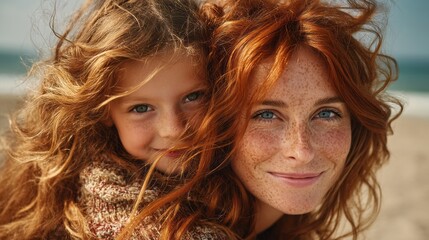A woman with red hair and freckles is holding a young girl