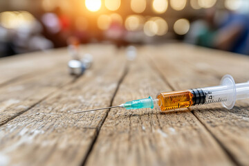 Syringe filled with vaccine dose displayed on wooden table in a healthcare setting during evening hours
