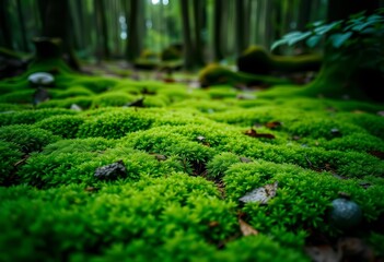 Emerald green moss carpetting damp forest floor, wet, flora
