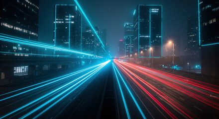 Futuristic Cyberpunk Cityscape with Neon Blue Light Trails and Glowing Skyscrapers