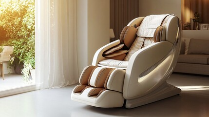 Luxury beige massage chair in a sunlit living room offering relaxation and therapeutic comfort
