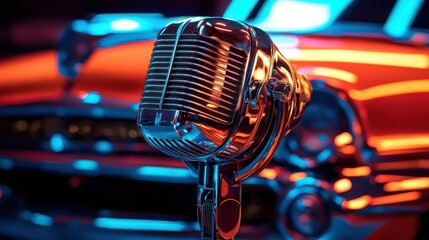 Microphone stands prominently, classic car shimmers with reflections, invoking nostalgia, artistry, musical expression.