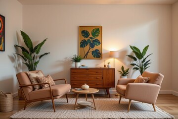 Cozy Room with Mid-Century Furniture, Plants, and Warm Lighting for Inviting Atmosphere