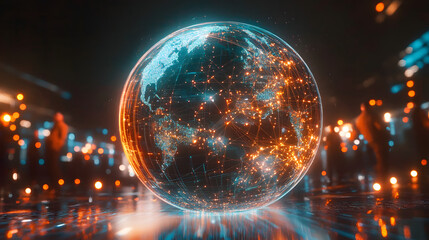 A digital globe with glowing connections and blurred businesspeople in the background serves as a symbol for futuristic technology, global networks, and dynamic light effects in this abstract concept