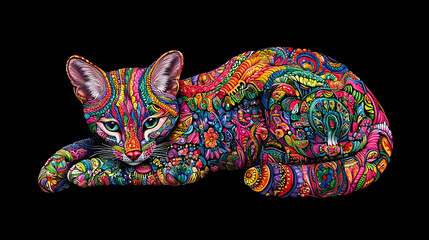 Fototapeta premium Colorful Decorative Kitten Illustration On Black Background