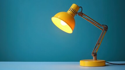 A yellow desk lamp with a yellow shade and base on a blue table, with a solid blue wall background, emitting warm bright light.