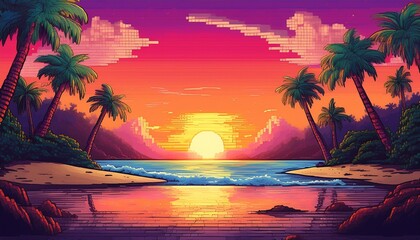 Fototapeta premium Pixel Art Tropical Beach Sunset Scene