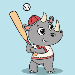 Cute rhino with baseball bat cartoon vector illustration