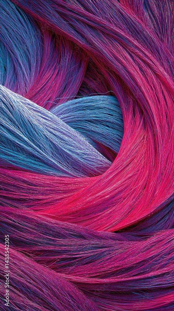 Poster intricate texture of pink, purple, and blue threads, swirling in a dynamic pattern, showcasing depth