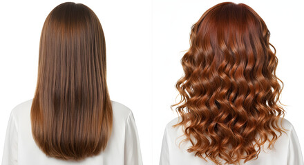 Curly to straight hair comparison on a white background, highlighting a sleek hair transformation, perfect for haircare branding, tutorials, or salon marketing