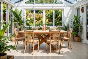 Fototapeta premium Bright and Airy Conservatory with Wooden Dining Table Surrounded by Lush Green Plants