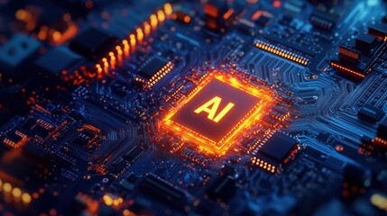 Obraz premium Glowing AI Processor on Motherboard Artificial Intelligence chip for technology use