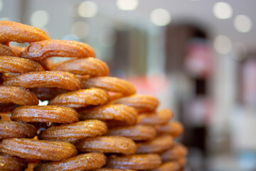 Traditional Turkish ring sweet dessert Halka Tatli. Fried circle desserts.