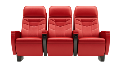 Three red cinema movie theater seats isolated on transparent background