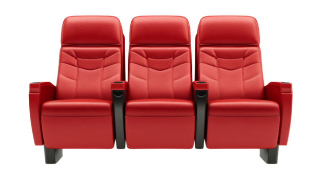Three red cinema movie theater seats isolated on transparent background