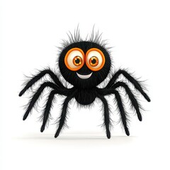 Cheerful Cartoon Black Spider with Orange Eyes on White Background