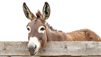 Donkey peeking over wooden fence on transparent background